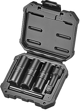 Kauplus 5PCS 1/2-Inch Damaged Bolt Extractor Flip Socket Set, Rounded-off Lug Nut Socket Removal, Metric, 17MM, 19MM, 21MM, W/3-Inch Extension, and a drift punch nut removal bar