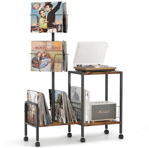 Keebofly Supporto per giradischi con contenitore in vinile,Tavolo per giradischi con archiviazione rotante in vinile