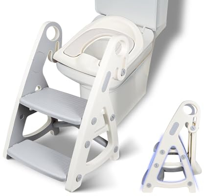 Bogvetra Toilettensitz Kinder mit Treppe - 2 in 1 Toilettentrainer Höhenverstellbar & Faltbar - Töpfchen Trainer mit Verbreiterte Rutschfestes Trittbrett & Griffe - Stabile Dreieckige Struktur(Grau)