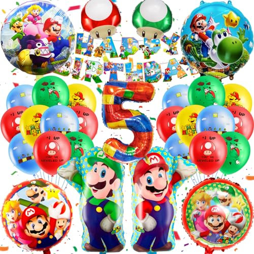 MA5 Mario Birthday Decoration - 32PCS Kids Party Set, Balloons, Banner