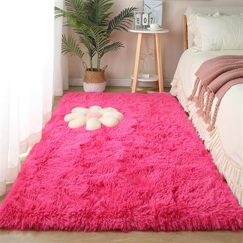 Guetto Hochflor Teppich Wohnzimmerteppich Langflor, Flauschig Teppiche Für Wohnzimmer Und Schlafzimmer, Modern Design Shaggy Teppich,Rose red,80x160cm
