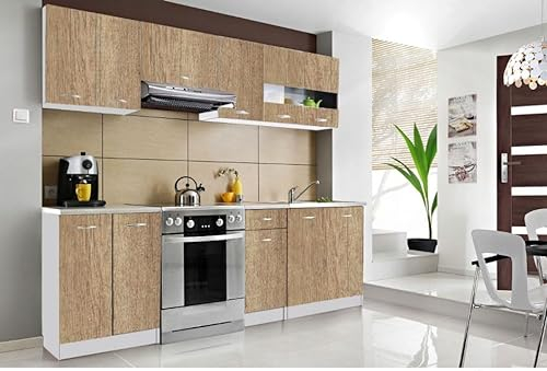 roe furniture Küchenzeile ohne Elektrogeräte - Modern Einbauküche 240 cm - Küche Komplett Concordia Eco - Küchenblock - Geräumige Singleküche - Küchenmöbel Komplett Sonoma