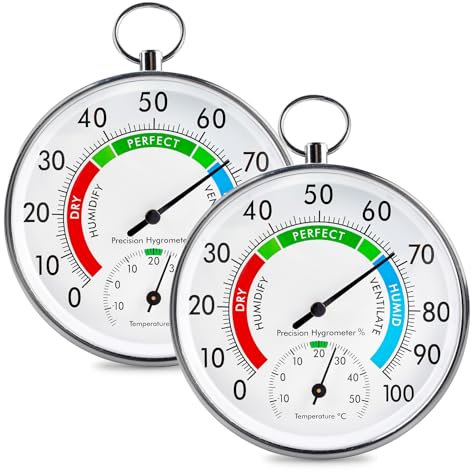 2 Stück Analoges Thermo-Hygrometer, 2 in 1 Thermometer & Hygrometer, Analog Hygrometer, Luftfeuchtigkeitsmesser & Raumthermometer für Häuser, Gewächshäuser, Gärten, Autos, Batteriefrei | Ø 10cm