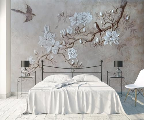 songqians Papier Peint Panoramique Arbres fleurs oiseaux Vintage Papier Peint 3D Tapisserie Murale Décoration Chambre Salon -S008-380cmx255cm