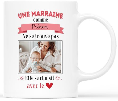 𝗖𝗔𝗗𝗘𝗔𝗨 𝗣𝗟𝗨𝗦 Mug Personnalisé Prénom - Une Marraine Se Choisit Avec Le Cœur - Cadeau Marraine, Cadeau Parrain Marraine Bapteme, Cadeau Marraine Personnalisé, Tasse Marraine, Mug Marraine