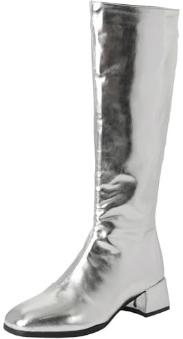 XIEPP Stivali alti al ginocchio con tacco a blocco e cerniera da donna, argento, 43 EU