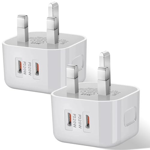 𝟐-𝐏𝐚𝐜𝐤 USB C Charger Plug 40W UK to Dual USB-C Fast Charger Adapter Type-C Wall Charging Head Plug Compatible for iPhone 16/iPhone 15, iPad Pro/iPad Air, iWatch, Galaxy S24/S23/S22/S21, More