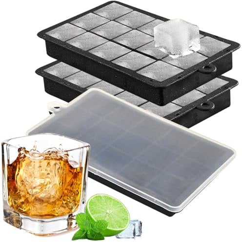 Armo® Pack of 3 Silicone Ice Cube Tray 15 Square Ice Cube Tray with Lid Freezer Ice Cube Maker Large Ice Trays for Whiskey Cocktails BPA Free