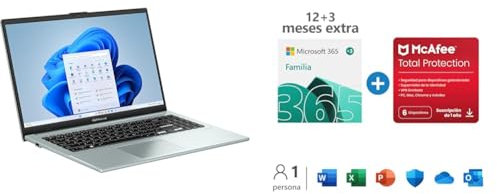 ASUS VivoBook Go 15.6 FHD, i3, 8GB RAM, 512GB SSD, Windows 11 S + Microsoft 365 Familia 15 Meses, 6 usuarios, McAfee Total Protection 12 Meses, 6 Dispositivos, PC/Mac/móvil