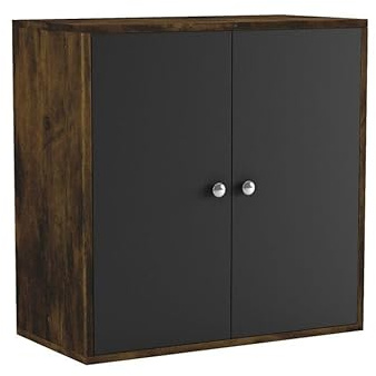 URBNLIVING 2 Tier Wooden Storage Cabinet Cupboard with Shelves Optional Doors Bedroom Bedside Unit Living Room Hallway Furniture (Rustic Brown & Black Door)