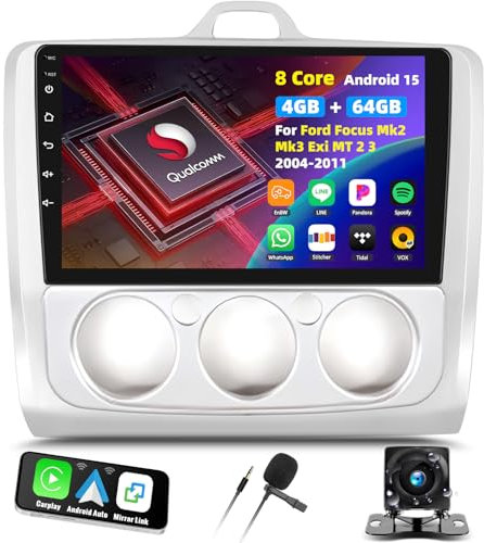 8 Core Qualcomm Android 15 4+64G Autoradio für Ford Focus Exi MT 2 3 MK2 MK3 2004-2011, 9 Touchscreen Radio mit CarPlay Android Auto GPS WiFi FM/RDS DSP 3D Auto Modell Showcase+Rückfahrkamera