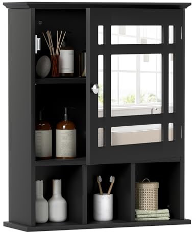 COSTWAY Mirror Door Cabinet, Wall Mounted Display Shelving Unit with Adjustable Shelf and 3 Compartments, Home Office Living Room Bathroom Organiser Storage Cupboard (Black)