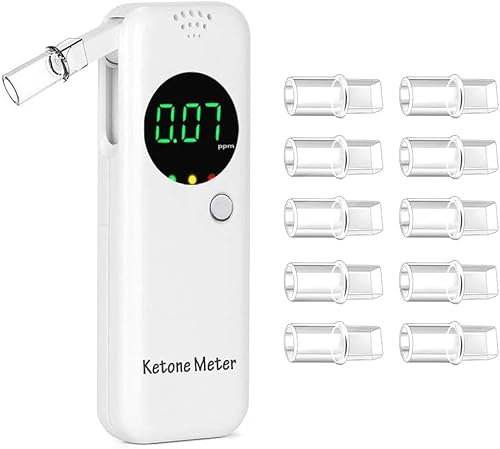 Tragbarer Ketone Atemtester, Digitales Ketone Atemmessgerät, Ketose-Atemtester zur Ermittlung des Ketonstatus, mit 10 Austauschbaren Mundstücken (Weiß)