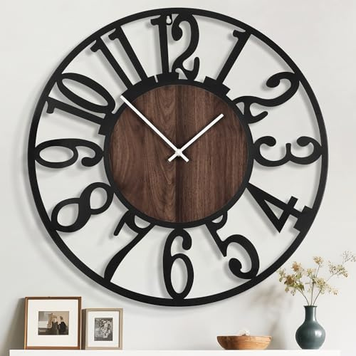 Mee 2ou 100cm Wanduhr, Leise Vintage Metall Uhr mit Holz-Zifferblatt, Batterie XXL Wanduhr im Landhausstil für Wohnzimmer, Schlafzimmer, Küche, Büro, Wanddeko