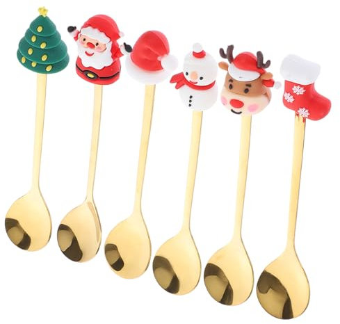 MAGICLULU 6pcs Dessert Spoons Handled Mixing Spoons Decorations Holiday Say Saying Dessert Coffee Stirrers Cooking Carved Stainless Gold Color with Christmas Party Stirrer Resin Golden