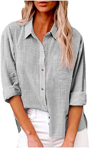 Autumn Tops Women Long Sleeve Blouse Plus Size Casual Cotton Linen Shirts with Breast Pocket Button Down Tee Blouse Elegant Oversized Busines Office Tee Loose Fit Ladies Dressy Tops Grey M