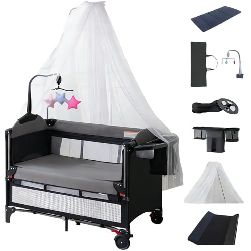 MoLi Reisebett Baby mit Wickeltisch, Höhenverstellbar Reisebett Baby mit Matratze, Bequem und Stabil Babybett, Faltbar und Beweglich Beistellbett (6602 Grey with Net)