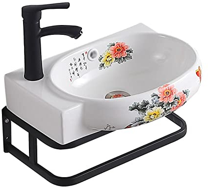 Lavabo de Salle de Bain, lavabo Mural, Petit lavabo, lavabo Ovale en céramique avec Robinet Noir et Support en métal, Meuble-lavabo à Motif de pivoines Chinoises - Couleur Unique - S