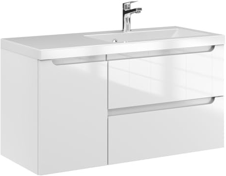 Furni Waschtischunterschrank ETH 90 cm D P – Weiß Hochglanz – Hängender Badschrank mit Mineralguss-Waschbecken – Frezgriffe – Vormontiert