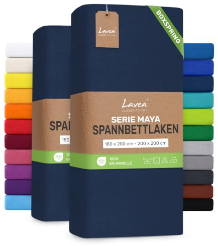 Lavea® 2er Pack Spannbettlaken 180/200x200cm – Galaxyblau | 100% Baumwolle – Für Boxspringbetten und Wasserbetten – Für Matratzen bis ca. 35 cm Höhe – Formstabil