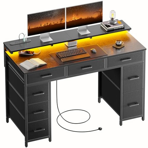 DLONGONE Computer Desk with 8 Storage Drawers, 120 x 50 cm Home Office Desk with LED Lights & USB Power Outlets, Gaming Table with Monitor Stand, Study Writing Work Table for Bedroom, Black