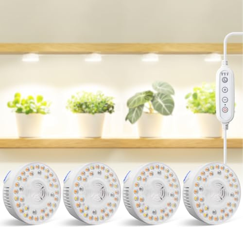 Barrina Orbgrow OG09 Puck Grow Light with Timer, 660nm Red LEDs 36W(4 x 9W, 540 Watt Equiv), Full Spectrum Plant Light for Indoor Plant, Magnetic & Linkable, 5 Levels Dimmable for Plant Shelf, 4 Packs