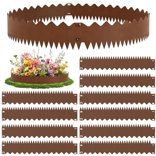 Rasenkante Cortenstahl 10 Stücke 10.75M,20cm Höhe Flexible Rasenkante,Beetumrandung mit 5cm Spikes,Welliges Aussehen Beeteinfassung,Rasenkanten für Gärten Wege Rasenflächen