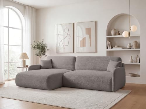 KP-Meble Ecksofa mit Schlaffunktion - 256x175 cm Bouclé Beige – Modernes L-Sofa, Schlafsofa mit Bettkasten, Große Couch mit Stauraum Pierr (Anthology 17, Links)