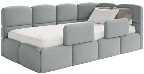 Selsey Jugendbett 120x200cm Grau mit Matratze und Lattenrost, gepolstertes Polsterbett mit Stauraum und Bettkasten, Kinderbett mit 2 Schutzbarrieren, Jugendbett rechtsseitig mit Eckkopfteil