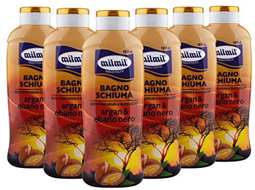 Milmil Bagno Schiuma, Fragranza Argan & Ebano Nero, Dermatologicamente Testato PH Fisiologico - 6 x 1000 ML