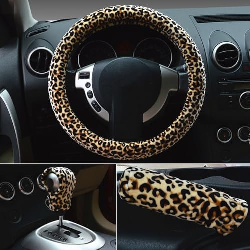HONCENMAX 3 Pack Plüsch Weich Fahrzeug Lenkradabdeckung Bequem Winter Auto Lenkradschutz Universal Durchmesser 38cm (15 ) Leopard-Druck