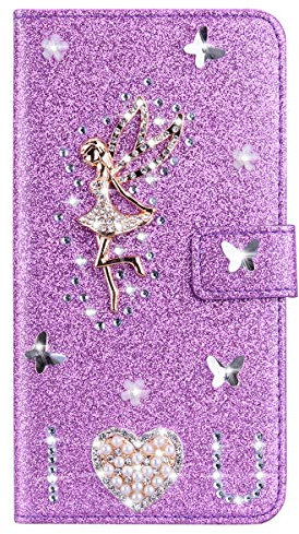 XFZ Handyhüllen für Samsung Galaxy A7 2018 Glitzer Hülle Leder Hülle PU Wallet Flip Case Ledertasche Schutzhülle Glänzende Glitzer Bling 3D Engel Strass Diamant Hülle Lila Bumper Handyhülle