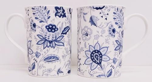 Lot de 2 tasses en porcelaine fine bleu et bleu oriental, motif floral floral floral Windsor décoré à la main au Royaume-Uni