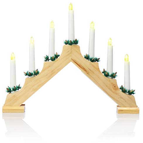 COM-FOUR® LED Schwibbogen als Weihnachtsbeleuchtung - Kerzenbrücke mit 7 LEDs - Lichterbogen Pyramide aus Holz - Fensterleuchter mit Timer-Funktion für Weihnachten (01 Stück - 7 LEDs Holz)