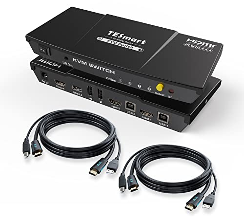 TESmart HDMI KVM Switch, 2 PC 1 Monitore Switch 4K 60Hz mit Kabel×2, EDID Emulator, Audio Extractor, USB 2.0 für Tastatur Maus Scanner Drucker, 2 in 1 Out KVM Umschalter, Hotkey und Button Switcher