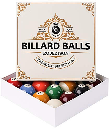 Robertson Premium Billardkugeln Pool 57,2 mm für EIN perfektes Spielergebnis, entsprechen mit der Größe und dem Gewicht den Turnier-Vorgaben, mit einem Gratis Billardset