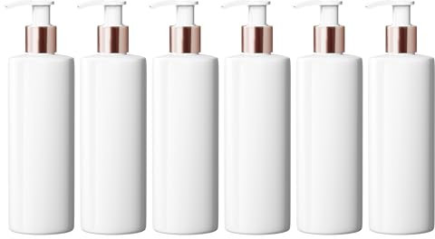 Media Replication 500ml Dispenser Pump Bottle White PET Plastic Bottle Lotion Pump Mrs Hinch Customisable DIY Refillable Bathroom Hand Lotion Soap Bottle Rose Gold Lids (25)