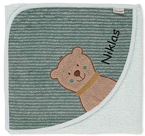 Sterntaler Kapuzenhandtuch mit Namen Bestickt für Baby & Kinder 80x80, Badetuch Badehandtuch / Kinder-Badetuch mit Kapuze, Mädchen & Junge Kinderbademantel personalisiert (Bär Ben hellgrün)