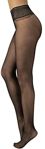 CALZITALY Medias Sin Costuras Con Cinturon En Encaje | Medias Semi Transparentes | Pantys 15 Den | S, M/L, L/XL | Natural, Negro | Calcetería Italiana | (M-L, NEGRO – ENCAJE A)