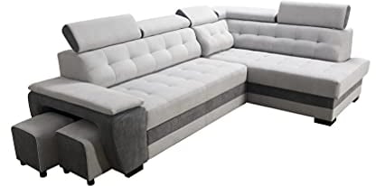 Robin Grand Ecksofa mit Schlaffunktion Bettkasten Kopfstützen Relaxfunktion 2 Hocker Sofa L-Form Schlafsofa Freistehende Eckcouch Schlafcouch Wohnzimmermöbel Wohnlandschaft Rechts Silver Anthracite