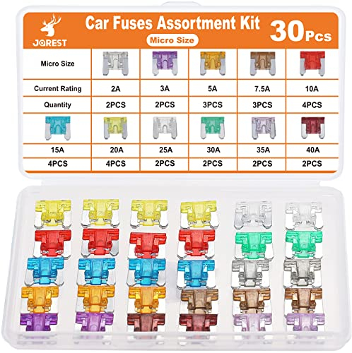 JOREST 30Pcs Kfz Sicherung Set - Auto Sicherungen für PKW/Wohnmobil/LKW (2 Ampere 3A 5A 7.5A 10A 15A 20A 25A 30A 35A 40A) - Micro Flachsicherungen (Niedriges Profil Sicherungen)