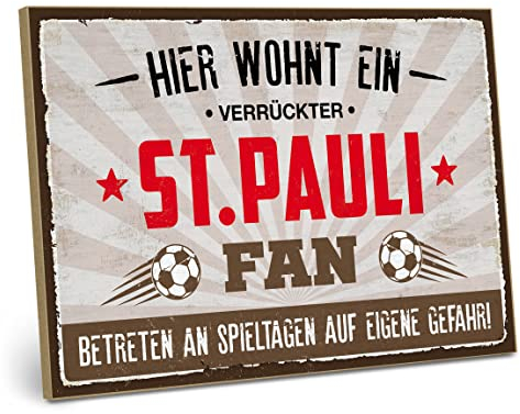 ARTFAVES® Wandbild Holzschild mit Spruch - Hier wohnt ein verrückter ST.PAULI Fan - Türschild Retro Vintage Deko Bild Geschenk - Fussball