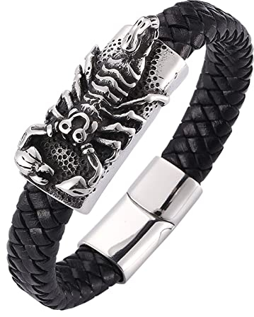 Aotiwe Edelstahl Armband Herren, Sorry Geschenk Scorpion Armband aus Geflochtenem Leder mit Magnetischer Schnalle Schwarz 18.5cm
