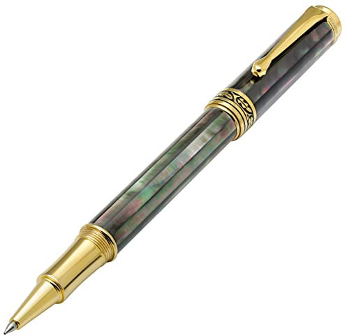 Xezo Maestro Rollerball Pen, Fine Point. Oceanic Tahitian Black Mother of Pearl Inlay. 18 Karat Gold and Titanium Plated. Handcrafted, Limited Edition, Serialized