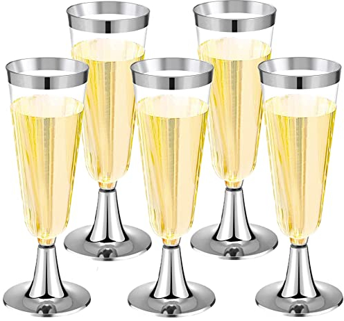 LATERN 30 Stück Champagnerflöten aus Kunststoff, 150ml Silber Champagnergläser Wiederverwendbarer Stiel Party Weinbecher für Garten Hochzeitstag Dusche Parteien (5,5 x 16,5cm)