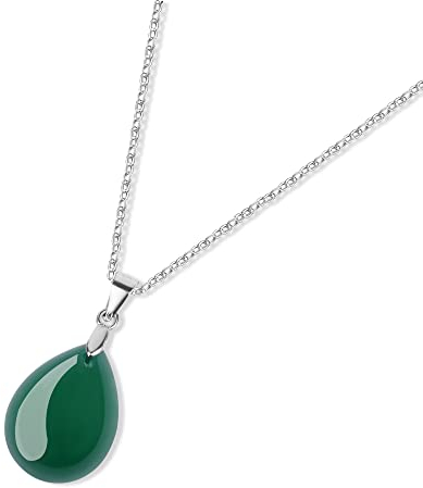 GAVU Elegantes Geschenk Damen Feine Silberkette mit Grünem Achat Wassertropfen Anhänger Kristall Halskette