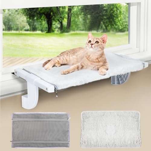 Zoratoo Window Sill Mount Cat Perch, One-Step Sliding Clamping Slot Adjustment Hammock with Removable Fabric Cover, No Suction Cups Bed for Windowsill & Bedside (XL)