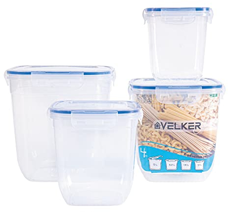 Velker - contenitori per alimenti, in plastica BPA FREE, con coperchio, Air e Water proof, Set da 8 pezzi Quadrati (4 contenitori + 4 coperchi), 5 litri, 3.2 litri, 1.9 litri e 1.1 litri, senza BPA