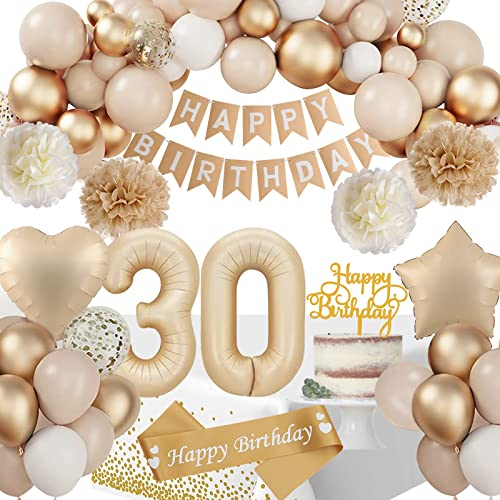30 Geburtstag Deko, Deko 30 Geburtstags Frauen, 30 Geburtstagdeko Beige Gold Ballon Deko mit Happy Birthday Girlande Tischdecke Geburtstagsschärpe Pompons für Party Deko 30 Geburtstag Frauen