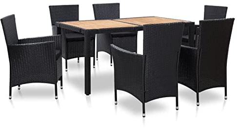 Yolola 7 teilig Garten Sitzgruppe Poly Rattan Gartenmöbel Set 6 Personen Essgruppe Gartentisch mit Stuehlen Gartengruppe Sitzgarnitur Gartengarnitur Terassenmöbel Schwarz